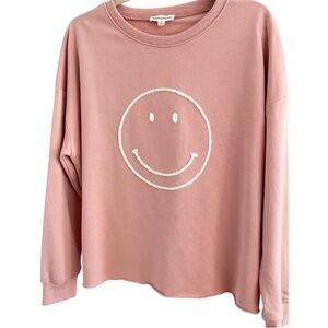 Newbury Kustom Boutique Pink Smiley Face Graphic Lightweight Crewneck Sweatshirt